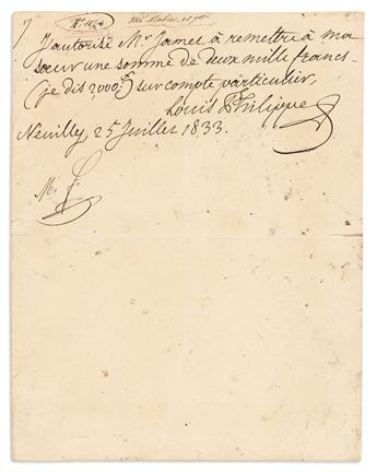 (NAPOLÉON.) LOUIS PHILIPPE; KING OF FRANCE. Two items, each Signed as King, in French: Autograph Note * Letter.